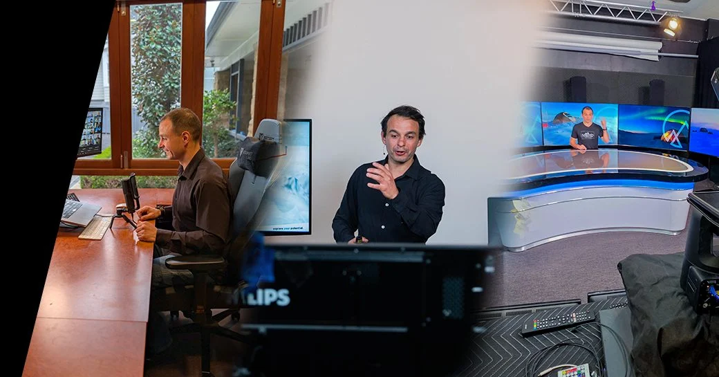 James Castrission presenting a virtual keynote from a professional studio